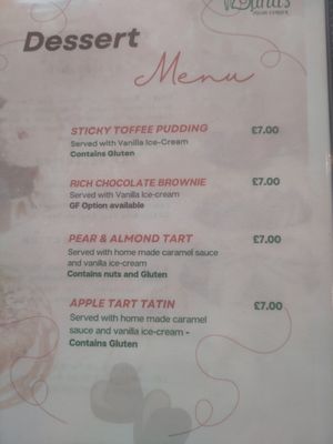Dessert menu at Luna's Vegan Corner in Cardiff