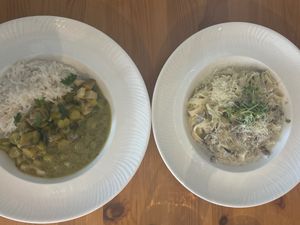 Thai green curry and wild mushroom and parmesan tagliatelle  at Luna's Vegan Corner in Cardiff