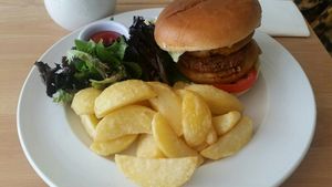 Burger and chips at Luna's Vegan Corner in Cardiff