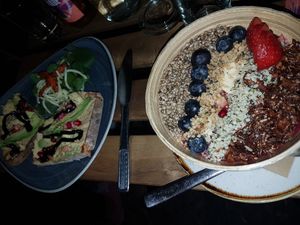 acai bowl and avocado-hummus toast at Café Canna CBD Coffee+Shop in Berlin