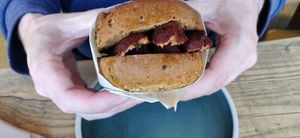 vegan sausage and aubergine bacon bap at Early Bird in Plymouth