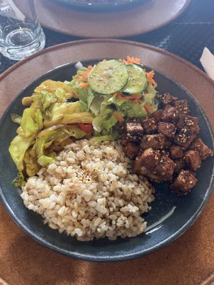 Sticky sesame tofu with brown rice, salad and vegetables in a small dish   at Gosto Superior in Braga