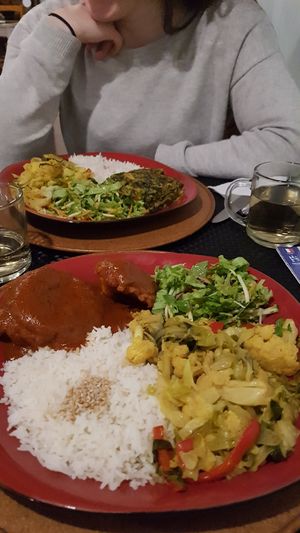 Rice, eggplant fried slices with tomato sauce, Salad, vegetables at Gosto Superior in Braga