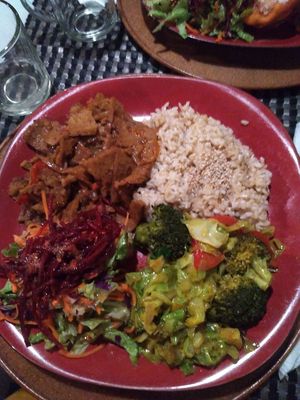 Seitan, veggies and salad, whole grain rice at Gosto Superior in Braga
