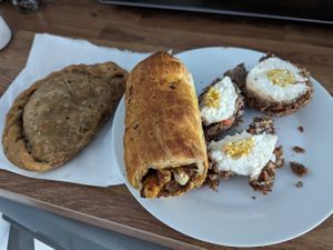 Vegan pasty, roll and scotch egg at Llangollen Oggie Shop & Fine Foods in Llangollen