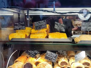 Vegan Savouries Window Display December 2025. at Llangollen Oggie Shop & Fine Foods in Llangollen