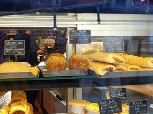 Vegan Savouries Window Display December 2025. at Llangollen Oggie Shop & Fine Foods in Llangollen