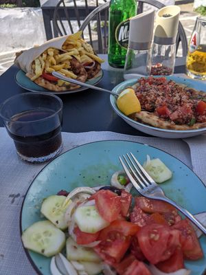Quinoa tabbouleh and Greek salad without feta at Allas Souvlaki & More in Paros