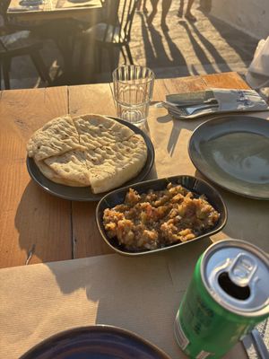 Eggplant dip and pita  at Allas Souvlaki & More in Paros