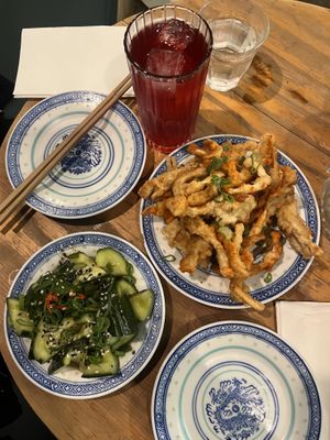 Marinated cucumber and fried mushroom  at Petit Bao in Paris