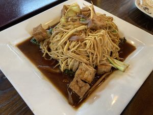 Cantonese noodles (replace egg noodles for vegan option and sans egg)  at Cravings Deli in Portage