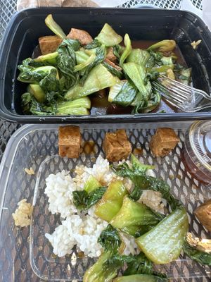 Bean curd and baby bok choy over white ricee  at Cravings Deli in Portage