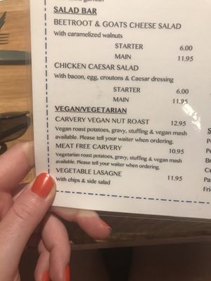 Menu at The Carvery in Torremolinos