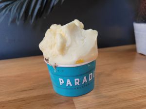 Pineapple sorbet on top of chocolate sorbet! at Paradis - Mathallen in Oslo