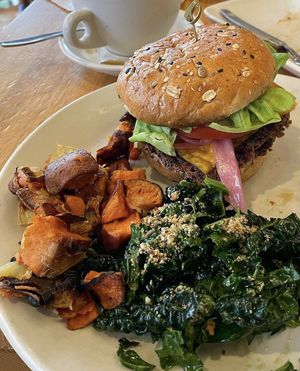 Yummy double vegan cheeseburger (house made patty), kale salad, and sweet potato hash 💚  at True Food Kitchen in Phoenix