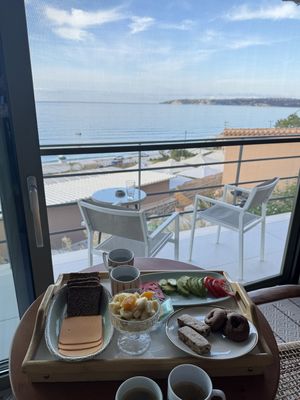Vegan breakfast while staying in Lorraine’s hotel, Thea Suites, directly above the restaurant.   at Lorraine's Magic Hill in Kefalonia