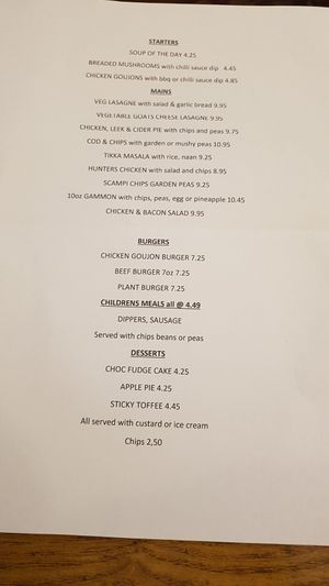 Menu at The Palace Vaults in Caernarfon