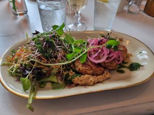 Salad and lentil patties with hummus at Cafe Holmen in Nykobing Mors