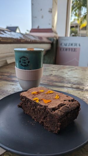 GF Vegan Beetroot Brownie + Almond Chai at Santos Cafe in Mullumbimby