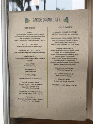 Drinks menu  at Santos Cafe in Mullumbimby