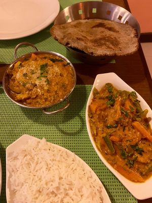 Buckwheat bread, Veggie kolhapuri (left), Veggie curry (right) at  Aniyor Vegetarian in Pokhara