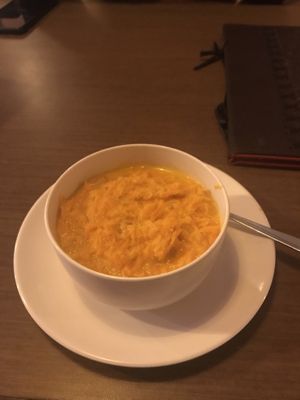 Gajar halwa desert with soy milk at  Aniyor Vegetarian in Pokhara