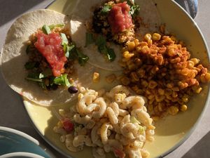 Open tacos - awesome flavor - and that street corn!!! Woah! at Frannie's Vegan Cafe in Johnson City