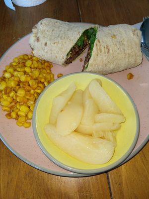 Meaty walnut wrap with corn and pears at Frannie's Vegan Cafe in Johnson City
