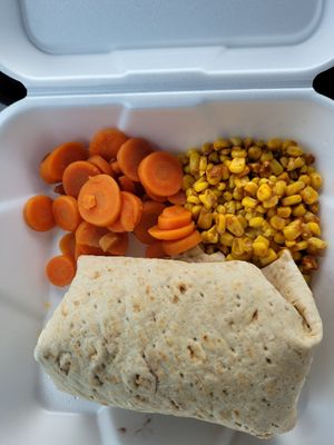 Maizys Meaty Black Bean and Pecan Wrap with cooked carrots and street corn at Frannie's Vegan Cafe in Johnson City