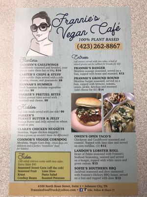 Full Menu! at Frannie's Vegan Cafe in Johnson City