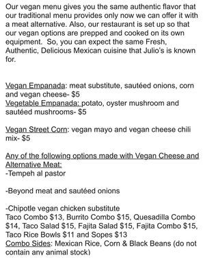 They’re menu as of August 2019. Be sure to check their instagram/ facebook for updates.  at Julio's On Main in Vineland