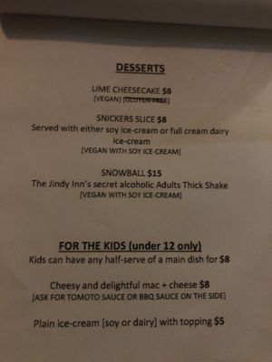 Menu at Jindy Inn in Jindabyne