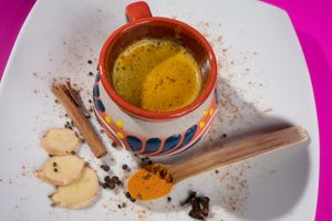 Goldent milk  INGREDIENTS: Soy milk, turmeric, jinger, cayenne pepper,cardamom and cloves . at Veggicano Plant Based in Mexico City