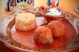 Mestballs madera of oats, rice and tofu in tomate broth at Veggicano Plant Based in Mexico City