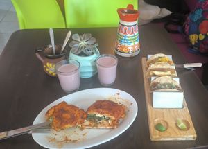 Pambazo y tacos at Veggicano Plant Based in Mexico City