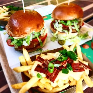 Burgers, fries wi cheese sauce and bacon  at Vedang - green burger | Alexa in Berlin