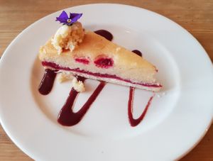 Raspberry and frangipane tart.
Raspberry jam and almond frangipane, topped with raspberries with an almond cream. at The Osborne View in Fareham