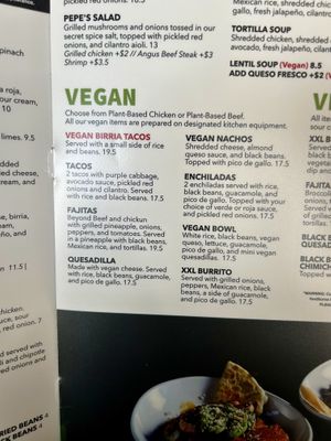 Vegan menu July 2024  at Pepe's Cantina in Winter Park