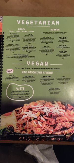 Vegan menu at Pepe's Cantina in Winter Park