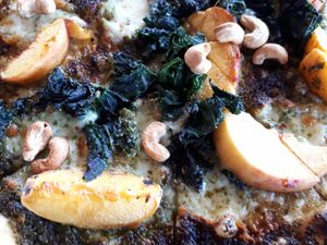 Kale peach pizza up close and personal at Boom + Batten in Victoria
