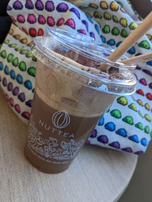 Warm mocha with chocolate nut cream. at NUTTEA Fitzroy in Fitzroy
