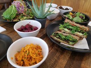 Mufulletta panini, Mezza Platter at Petisco Vegano in New York City