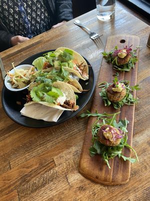 Mushrooms tacos and crab cakes. Loved tacos , didn’t like crab cakes  at Petisco Vegano in New York City