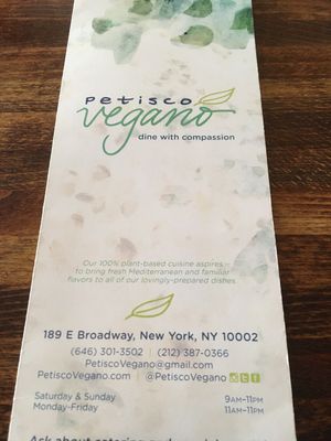 Menu at Petisco Vegano in New York City