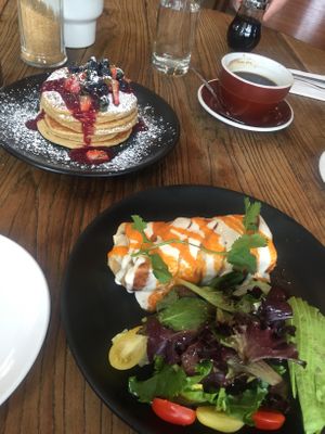 Breakfast Burrito and Pancakes. Both amazing!!! at Petisco Vegano in New York City