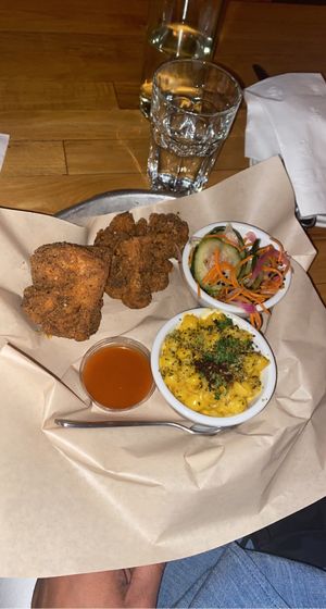 Fried Cauliflower, Mac and cheese, and Pickled Cucumber with Onions at Watercourse Foods in Denver