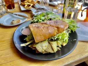 Turkey and brie with side salad and raspberry vinaigrette- one of the best sandwiches I’ve ever had  at Watercourse Foods in Denver