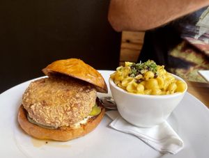 Fried chick’n sandwich and Mac  at Watercourse Foods in Denver