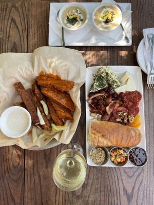 Charcuterie board, seitan app, potato leek soup  at Watercourse Foods in Denver