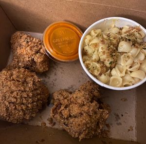 cauliflower chicken + regular mac & cheese at Watercourse Foods in Denver